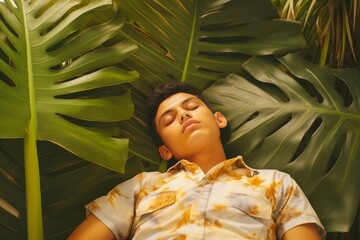 Teenager of Mexican descent taking a siesta under a palm tree in a tropical resort, embracing Sleep Tourism - obrazy, fototapety, plakaty