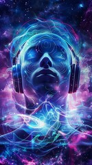 A mesmerizing image of headphones wrapped in a cosmic swirl of colors, depicting music and the universe's connection