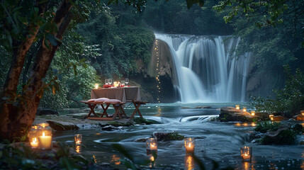 A romantic riverside picnic setup, with a candlelit table for two overlooking a picturesque waterfall, creating a magical ambiance for a memorable dining experience in nature. - obrazy, fototapety, plakaty
