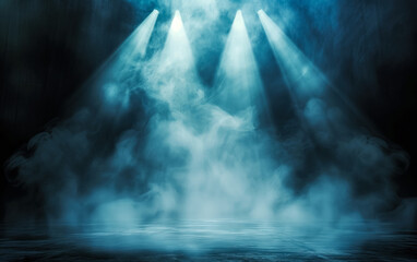 A stage with blue lights and smoke
