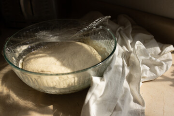 sourdough bread proofing on kitchen counter in with dramatic light