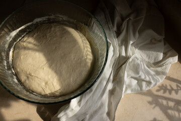 Overhead view of sourdough bread proofing on kitchen counter