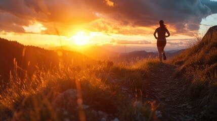 A solitary runner takes on a mountain trail at sunset, embodying the spirit of endurance and the pursuit of personal fitness goals. AIG41 - obrazy, fototapety, plakaty