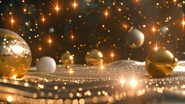Enchanted golden baubles and sparkling lights festive background