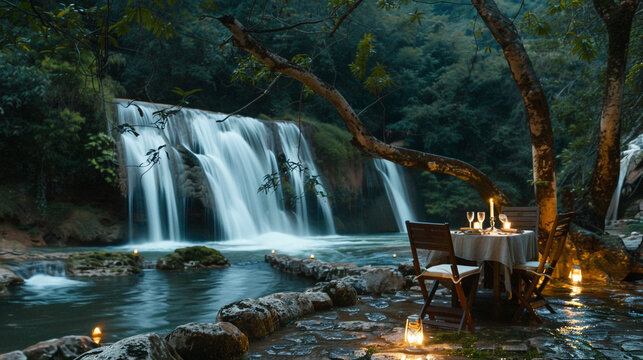 A romantic riverside picnic setup, with a candlelit table for two overlooking a picturesque waterfall, creating a magical ambiance for a memorable dining experience in nature.