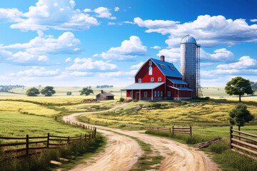 Red Farmhouse and Silo on a Sunny Day Amidst Golden Fields