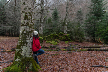 Fototapeta premium Hispanic woman walking through the forest in autumn