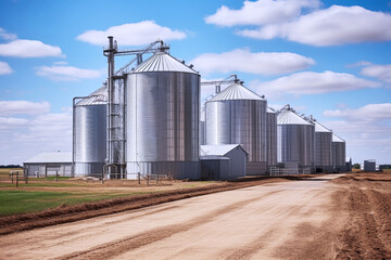 Modern Agricultural Grain Silos Along a Country Road on a Sunny Day