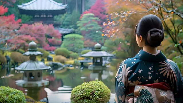 Serene Japanese garden with elegant woman in traditional kimono