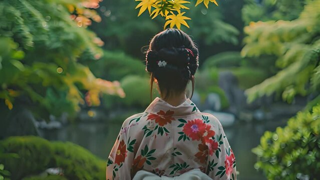 Serene Asian woman in traditional kimono enjoying peaceful garden