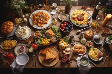 a table with many plates of food including bread, bread, and other foods.