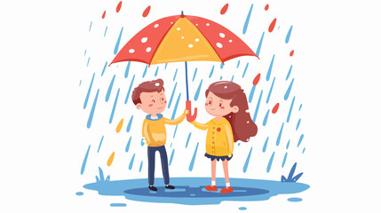 Boy and girl standing in the rain under one big umber