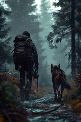 Lone Adventurer Navigates Misty Forest with Trusty Animal Companion