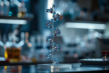 A detailed 3D rendering of a complex molecular structure with colorful atoms connected by bonds,...