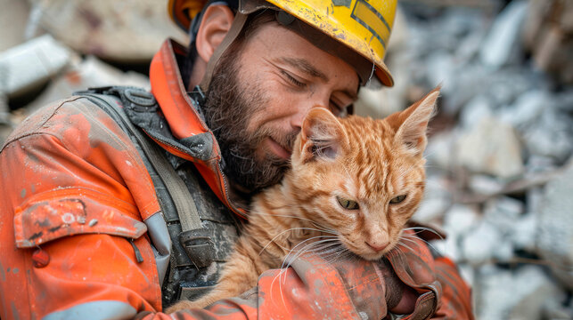 Rescue worker in orange safety gear cuddling a ginger cat