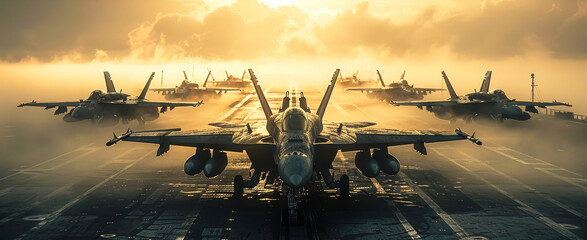 Military Aircraft Carrier Jet Fighters Take Off Warzone Operation Panoramic Poster Wide