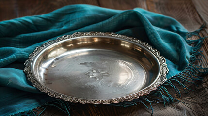 Round silver platter besides silk scarf on table