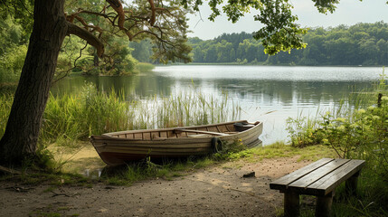 A serene lakeside picnic area, with a rowboat moored nearby, ready for picnickers to embark on a...