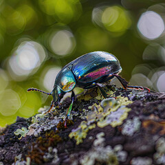 Fototapeta premium An iridescent beetle navigates the lichen-rich terrain, its kaleidoscopic armor shining against the bokeh of a lush forest.
