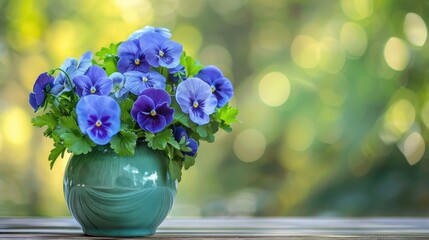 Mother s Day Greeting Card with Blue Pansy Flowers in a Green Vase on Wooden Table Outdoors