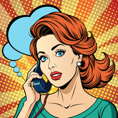 Naklejka na ściany i meble girl-phone-talk-joy-pop-art-vintage-comic--pop-art