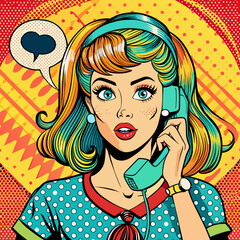 Naklejka na ściany i meble girl-phone-talk-joy-pop-art-vintage-comic--pop-art