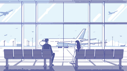 Business man and woman sitting in airport arrival wai