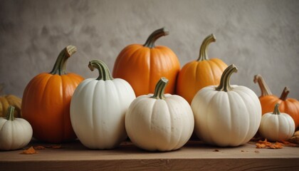 handmade plaster pumpkins. Banner for autumn seasonal holidays background. DIY craft pumpkins for Halloween, thanksgiving, fall decoration