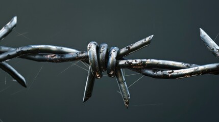 Close up of gleaming metallic barbed wire against a dark gray backdrop