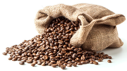 Coffee beans in a burlap sack on a white background. clipping path