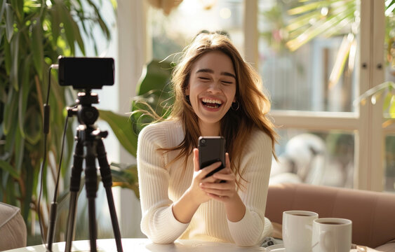A beautiful young woman is sitting at a table in front of her phone and recording video content on social media using a tripod camera.