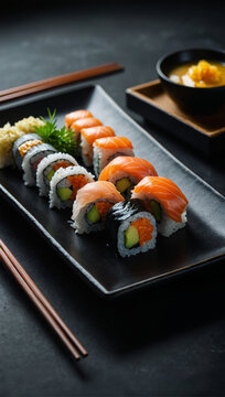 Image of fresh sushi served on a dining table, typical Japanese 42