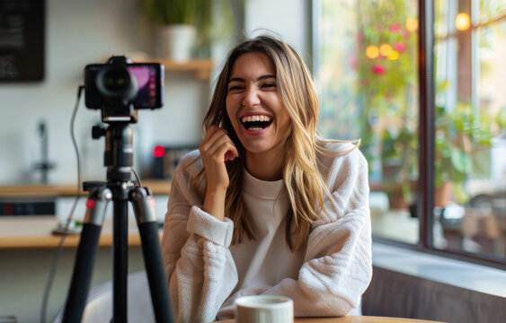 A beautiful young woman is sitting at a table in front of her phone and recording video content on social media using a tripod camera.