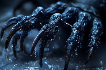 Menacing Nocturnal Arachnid with Obsidian Claws and Poisonous Intent,Dramatic Close-up Cinematic - obrazy, fototapety, plakaty