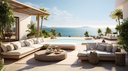 Spacious villa terrace with rattan furniture   - obrazy, fototapety, plakaty