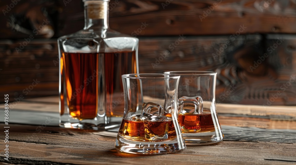 Poster whiskey served in glasses with a bottle on a wooden table captured from a low angle room for adding 