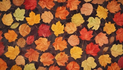 Fototapeta premium colorful watercolor fall leaves background, top view. Fall color concept