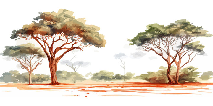 African Acacia Trees Watercolor Landscape. Vector illustration design.