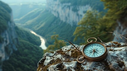 Explore the magnetic allure of mountainous wilderness through a compass-themed prompt. Describe the magnetic pull of uncharted trails, towering cliffs, and breathtaking vistas