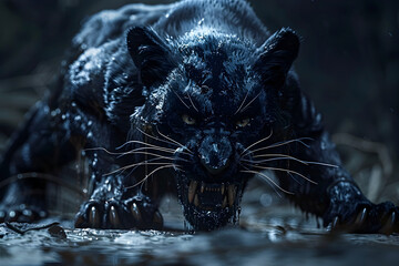 Obsidian Predator Prowling in the Nocturnal Realm with Deadly 3D Rendering in Cinematic Photographic Style - obrazy, fototapety, plakaty