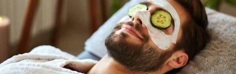 A man with a beard, dressed in a white robe, is laying down on an armchair with a cucumber placed on his face