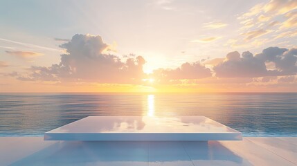 Oceanfront glass podium with a sunrise horizon, perfect for serene wellness product placement - obrazy, fototapety, plakaty