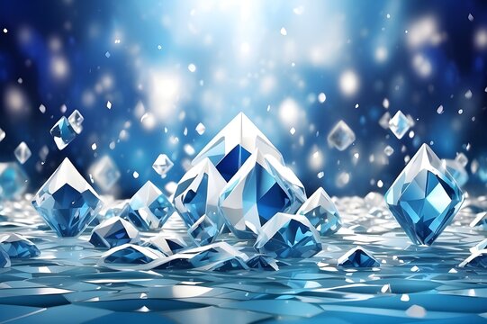 The abstract art image has a cheerful Christmas theme on a winter party free with a mesmerizing pattern of blue and white diamonds reflecting light.