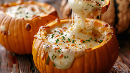 Servings of cheese fondue in pumpkin gourds