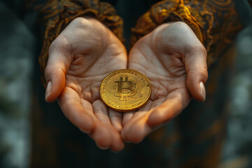 Close-up of a hand holding a bright, glowing Bitcoin among sparkling gold dust, symbolizing digital wealth and cryptocurrency investment.