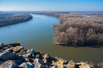 View of confluence of Danube and Morava rivers.