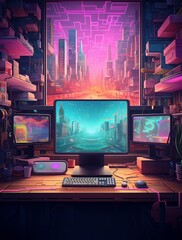 A chilling vibe wallpaper of a workroom which comes with glass walls among the near colorful buildings with a beautiful sunset view. Generative AI. - obrazy, fototapety, plakaty