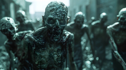 Fototapeta na wymiar Ominous Undead Creatures Lurking in Abandoned Town,Cinematic 3D Render