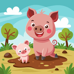 Obraz na płótnie Canvas happy-piglet-and-parent-in-mud