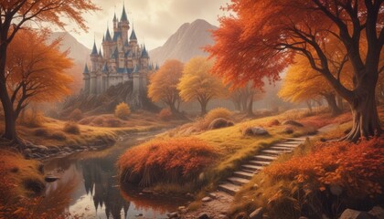 dreamy surreal fantasy fairytale world in autumn colors, digital illustration - obrazy, fototapety, plakaty
